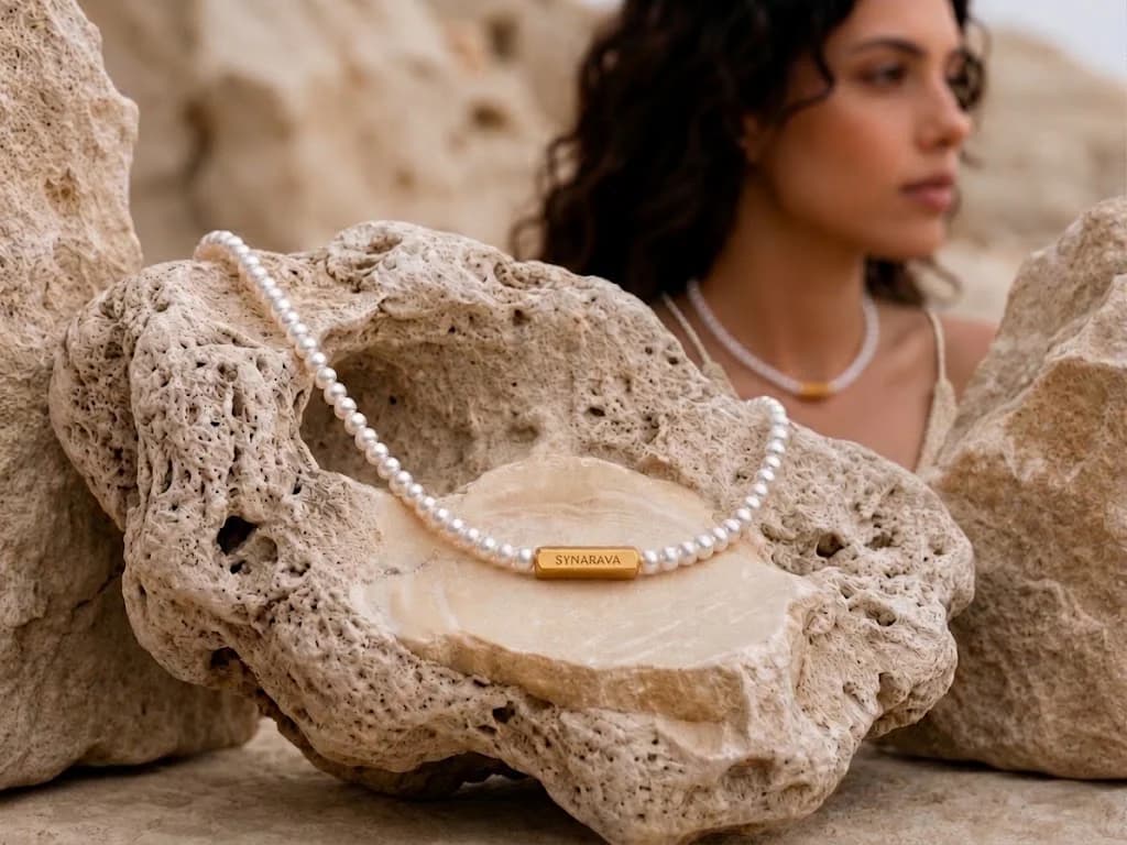 AXIS Pearl Necklace shown as an editorial detail