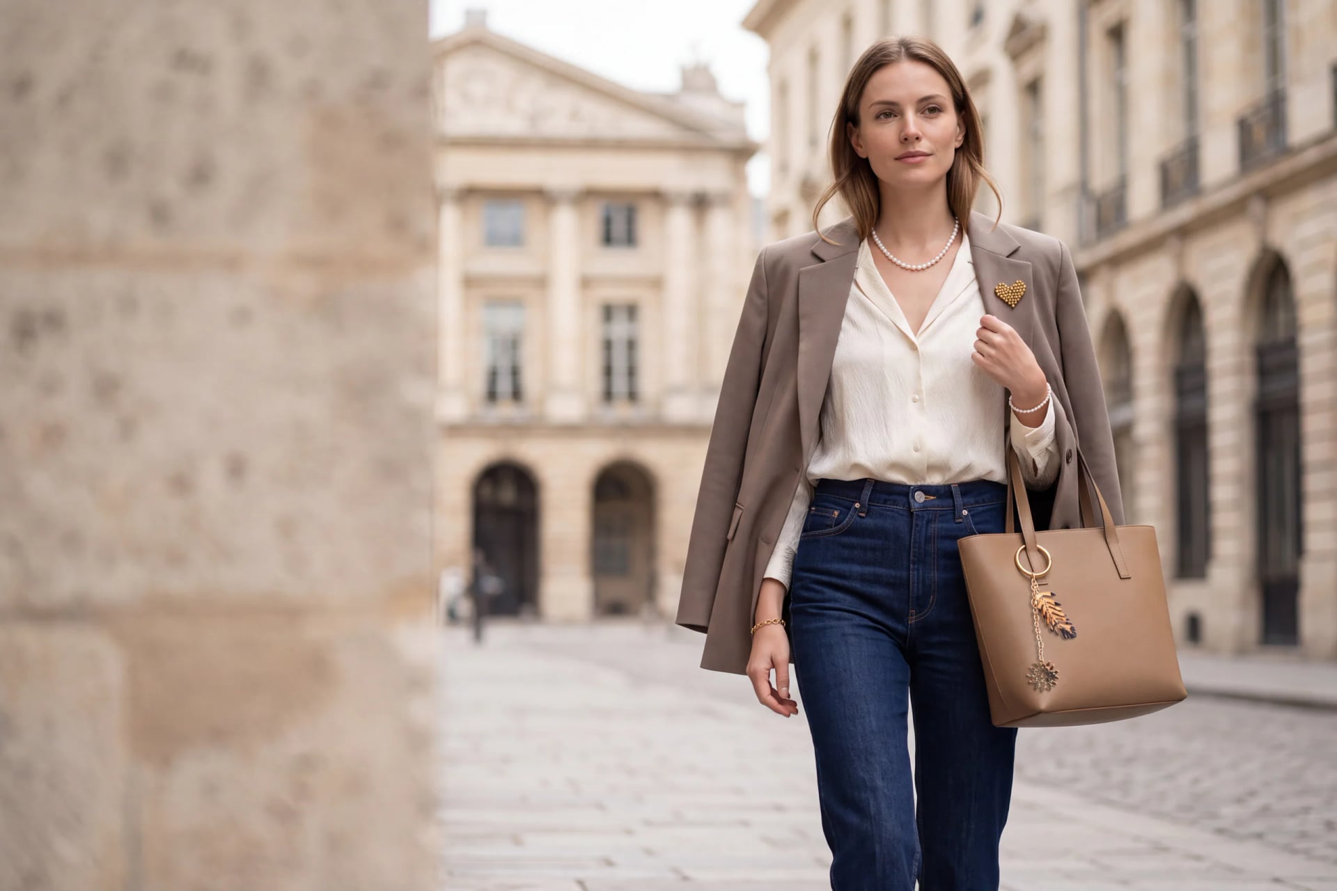 Mulher de blazer cor de toupeira, blusa creme e ganga a caminhar numa praça de pedra, com colar de pérolas, broche dourado em forma de coração e pulseira de pérolas, e um charm em forma de folha na mala bege.